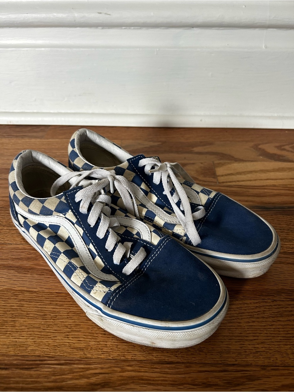 Vans Navy Blue and Cream Checkerboard Old Skool Sneakers
